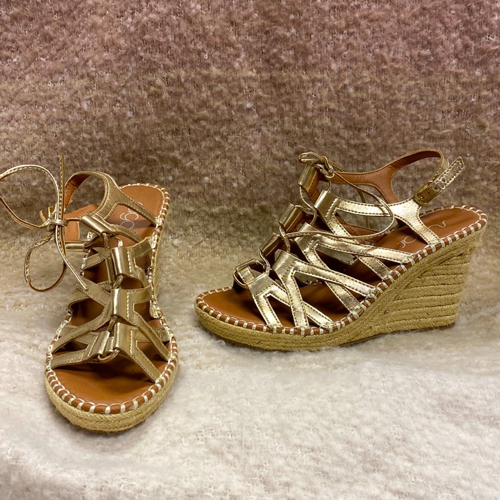Gold strapped wedges 8